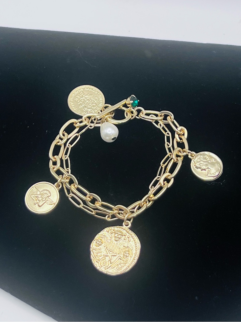 Gold Tone Coin Charm Double Chain Bracelet with Pearl-Style Bead